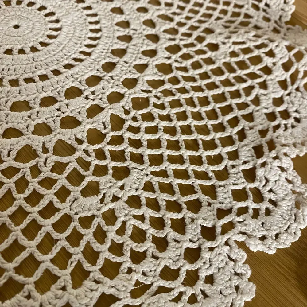 Vintage Handmade Crochet Doilies Set of 2 Ecru Cotton Round Lace Table